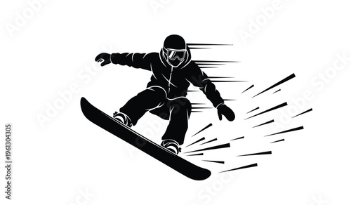 Silhouette of a snowboarder in motion on a snowboard