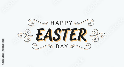 Elegant happy easter day typography with decorative thin swirls and a subtle orange shadow effect on a light gray background.
