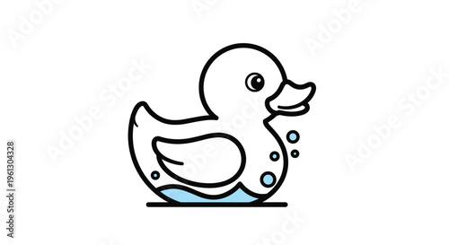 Simple white rubber duck toy with black outlines and a blue water base isolated on a plain white background for bath time theme.