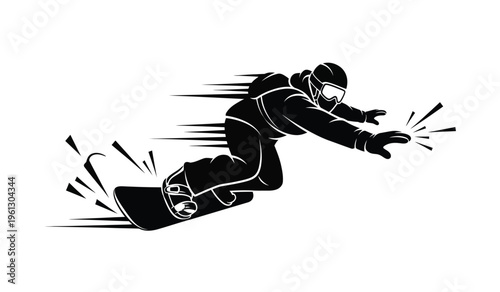 Silhouette of a snowboarder in motion on a snowboard