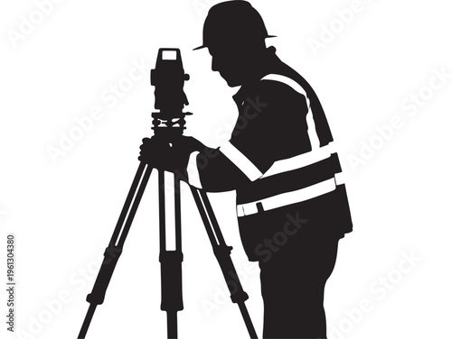 Surveyor Using Theodolite on Tripod Silhouette Isolated on White
