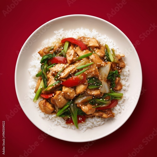 Chicken teriyaki stir-fry with mixed vegetables and sesame seeds over white rice on a red background