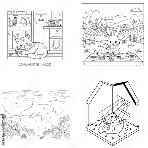 Cute animal coloring pages: cat relaxing, rabbit reading & playing outdoors, line art