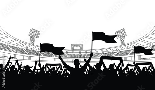 Silhouette of a lively crowd waving flags in a stadium