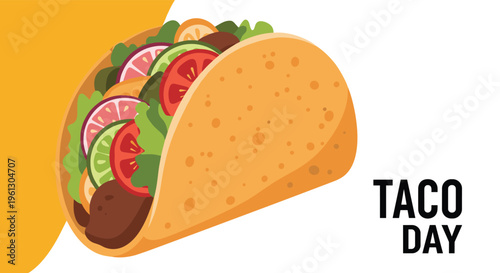 Tasty taco filled with meat and fresh vegetables shown on a bright yellow and white background for a taco day promotion.