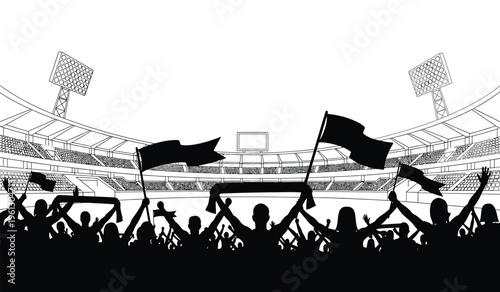 Silhouette of a lively crowd waving flags in a sports stadium