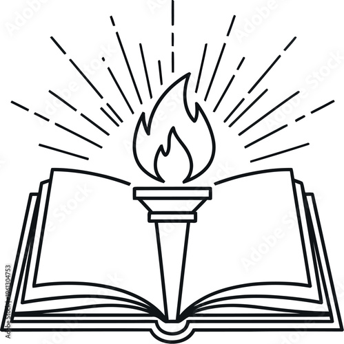 Knowledge enlightenment symbolized by a blazing torch rising directly from the pages of an open book illustration
