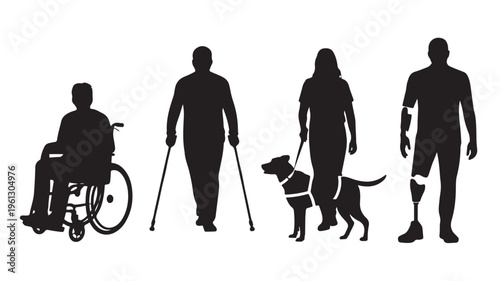 Disability inclusion silhouettes with wheelchair, cane, prosthetic leg and guide dog on white