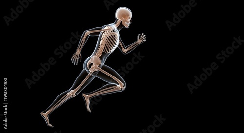 Human body anatomy illustration of a running person with visible skeleton and muscles