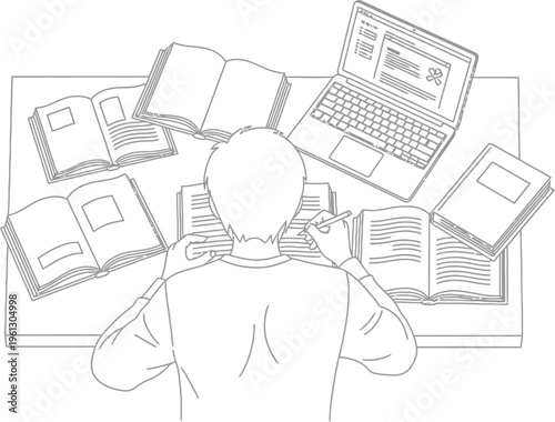 Focused student diligently studying surrounded by numerous textbooks and an open laptop for research and learning tasks