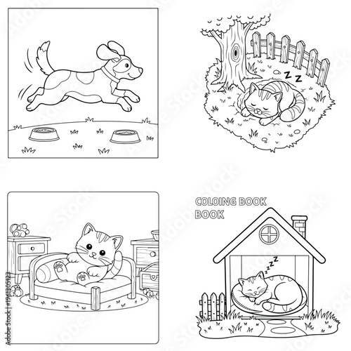 Peaceful animals coloring book pages: dog running, cats sleeping, black line art, cute animals