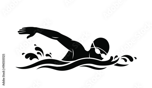 Silhouette of a swimmer in action swimming through water with arm outstretched in a competitive stroke technique