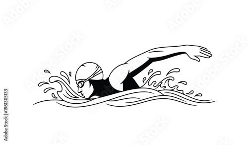 Silhouette of a swimmer in a pool swimming with a strong stroke creating waves and splashes around them