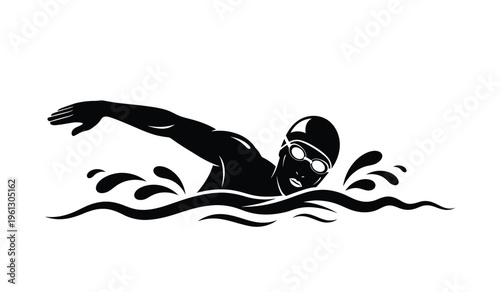 Silhouette of a swimmer in motion swimming through water with a cap on creating splashes around them