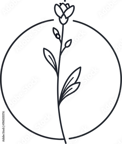 Minimalist black line art illustration of a delicate blooming flower with elegant leaves and a budding blossom, artfully enclosed within a simple circular frame, ideal for modern design.