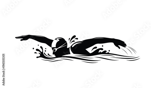 Silhouette of a person swimming in a pool with arms outstretched and water splashing around them in a dynamic motion