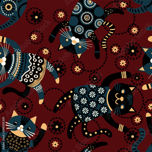Seamless decorative pattern with stylized cats in folk art style. Scandinavian inspired design with geometric ornaments, floral elements, and playful shapes on a deep red background. Vector
