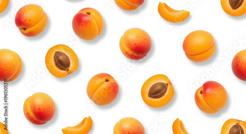 Fresh apricots and apricot slices on white background