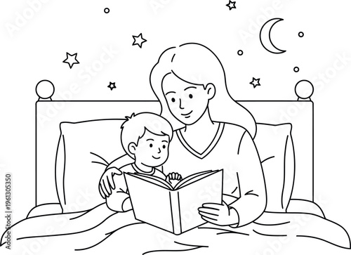 A loving mother reads a bedtime story to her young son, fostering a strong bond and a love for reading in a cozy bedroom scene at night under the stars.