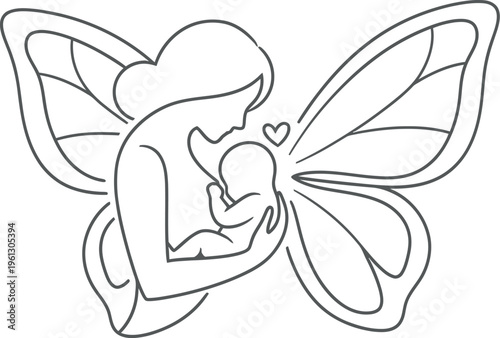 Elegant black and white line art illustration depicting a mother holding a newborn baby with magical butterfly wings symbolizing delicate maternal love.