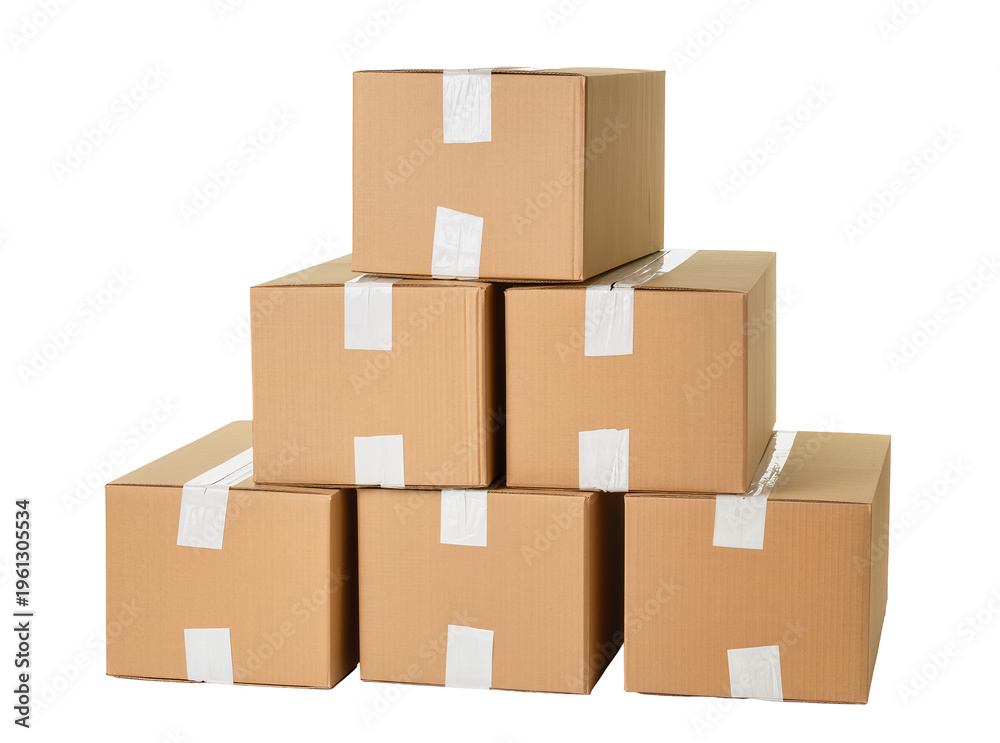 Obraz premium Isolated stack of six brown cardboard shipping boxes taped and ready for delivery