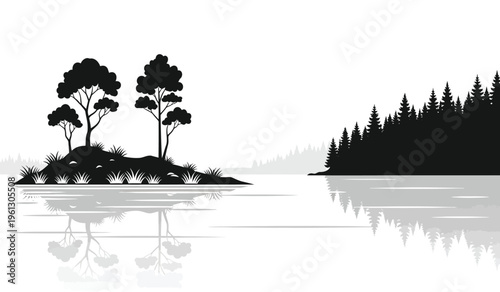 Serene lake scene with island silhouette and reflections