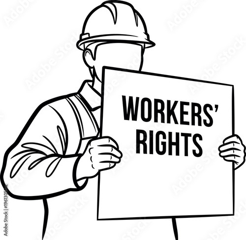 Construction worker silhouette holding a placard demanding improved laborers' rights during a protest or organized demonstration for fair wages.