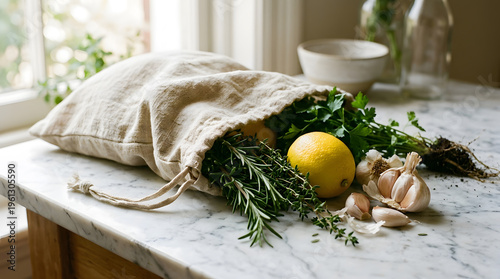 Reusable bag zero waste kitchen lifestyle with fresh herbs and lemon on marble countertop promoting sustainable living practices