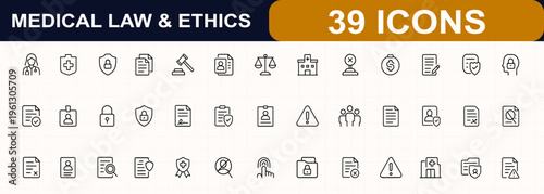 Medical law and ethics web icons in line style. healthcare compliance, patient privacy, legal documents, insurance policy, justice scale, consent, confidentiality, contract, security. Editable stroke.