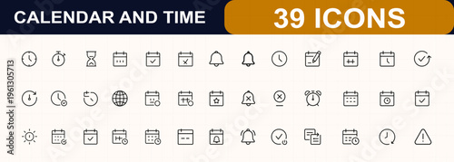 Calendar and time management web icons in line style. stopwatch, hourglass, planner, appointment, reminder, alarm, schedule, checkmark, bell, availability, reschedule, date, timer. Editable stroke.
