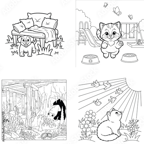 Charming pet moments coloring book: curious puppy, waving cat, dog in grass line art