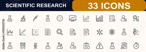 Scientific research glyph icon set. laboratory, pipette, sample, data, graph, regression, correlation, analysis, anomaly, document review, accepted, rejected. Editable stroke. Vector illustration.