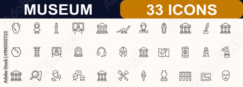 Museum history web icons in line style. artifact, sculpture, statue, painting, exhibition, archaeology, heritage, architecture, gallery, culture. Editable stroke. Vector illustration.