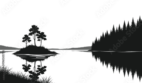 Serene lake scene with island silhouette and reflections