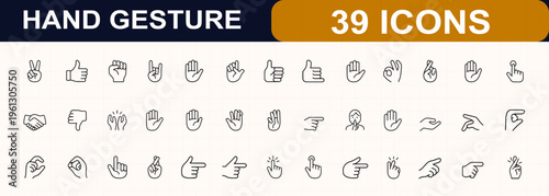 Hand gesture web icons in line style. peace, thumbs, fist, highfive, heart, pointing, waving, greeting, approval, communication, expression, signal. Editable stroke. Vector illustration.