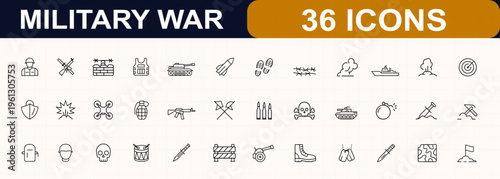 Military war web icons in line style. soldier, weapon, tank, missile, grenade, battlefield, defense, combat gear, army, armor, helmet, drone, explosion. Editable stroke. Vector illustration.