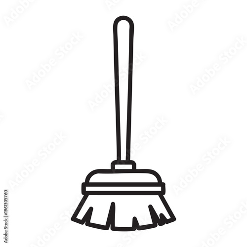 An illustration depicts a broom cleaning tool outline on a white background.