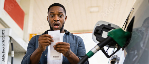 Soaring petroleum prices, energy market surge oil crisis, African American male driver shocked with paper receipt at gas station with gasoline fuel nozzle