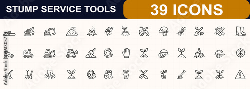 Stump removal and forestry tools web icons in line style. chainsaw, grinder, excavator, mulch, planter, gloves, helmet, safety, landscaping, tree service. Editable stroke. Vector illustration.