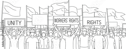 Large group of diverse workers and citizens uniting together at a rally demanding fundamental labor rights and workplace protections