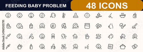 Baby feeding problems web icons in line style. crying, reflux, allergy, colic, spit, discomfort, temperature, spoon, bottle, infant care, nutrition, health. Editable stroke. Vector illustration.