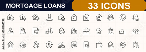 Mortgage loan and finance web icons in line style. payment, interest, agreement, broker, calendar, calculator, percent, briefcase, banking, contract. Editable stroke. Vector illustration.