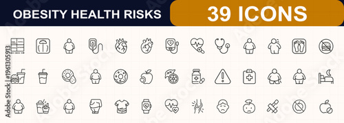 Obesity health risk line web icon set. BMI chart, weighing scale, diabetes, cholesterol, hypertension, fastfood, mental health, heart, nutrition, medical pictograms. Editable stroke. Vector.
