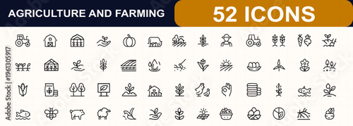 Agriculture farming glyph icon set. tractor, barn, greenhouse, livestock, wheat, crops, irrigation, sustainable, rural, organic, harvest, field. Editable stroke. Vector illustration.