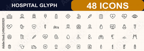 Hospital glyph icon set. Clinic, doctor, nurse, pharmacy, syringe, vaccination, radiology, MRI, patient room, surgery, healthcare symbols. Editable stroke. Vector illustration.