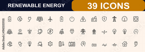 Renewable energy and electricity web icons in line style. battery, solar panel, wind turbine, plug, lightning bolt, power grid, electrical safety, storage, generation. Editable stroke. Vector.