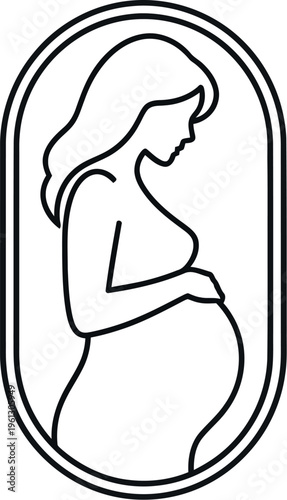 Elegant black line art illustration of a pregnant woman profile icon symbolizing motherhood, fertility, and expectant waiting within an oval frame.