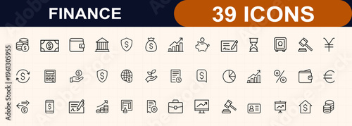 Finance and banking outline web icon set. Money, wallet, currency, investment, piggy bank, payment, loan, savings, market, portfolio. Editable stroke. Vector illustration.