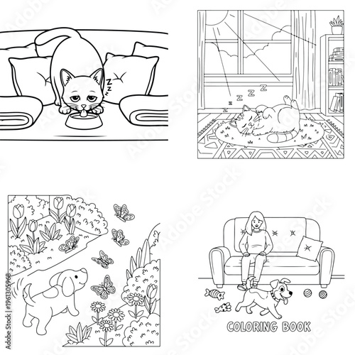 Sweet pet adventures coloring book: kitten, cat, puppy, and dog playtime line art