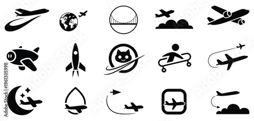 Airplane, take off icon set with rocket and aircraft launch silhouettes, representing travel, flight, business growth, and modern transportation design concepts.